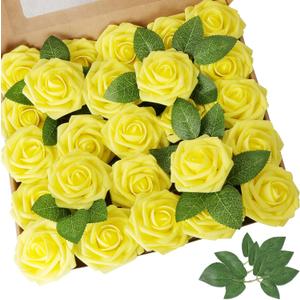 AmyHomie Artificial Flower Yellow Rose 25pcs Real Looking Fake Roses w/Stem for DIY Wedding Bouquets Centerpieces Arrangements Party Baby Shower Valentines Day Christmas Tree Decorations