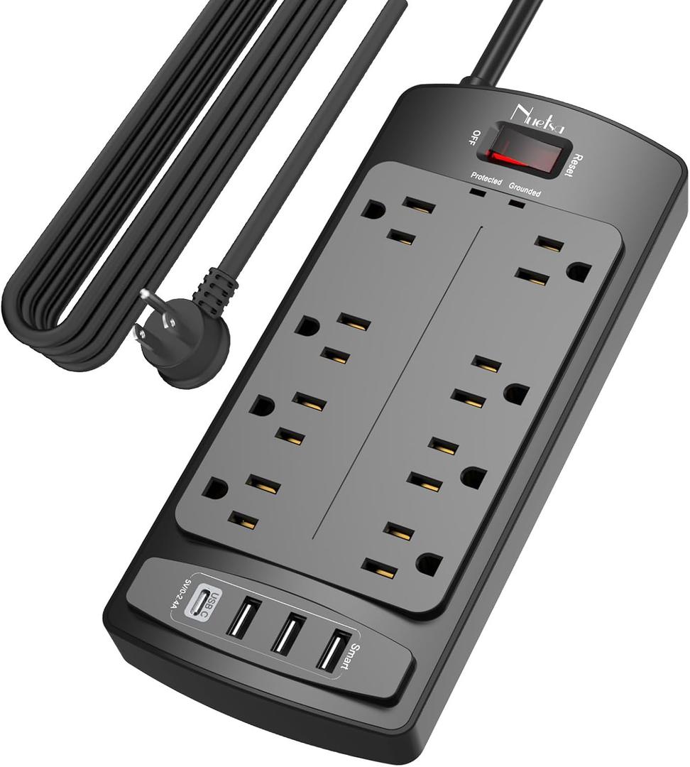 Surge Protector Power Strip - Nuetsa Flat Plug Extension Cord with 8 Outlets and 4 USB Ports, 15 Feet Power Cord (1625W/13A), 2700 Joules, ETL Listed, Black