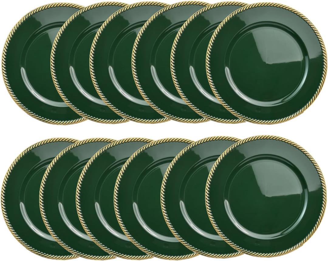 12 pcs Green Charger Plates, 13 Inch Plastic Beaded Round Charger Plates for Dinner, Tabletop Decor, Wedding,Christmas, Event Decoration.