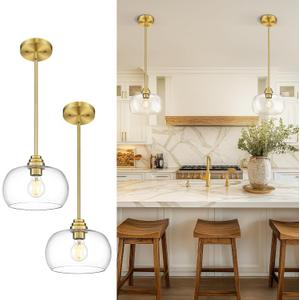 AUTELO 2 Pack Gold Pendant Lights, Glass Pendant Lights Kitchen Island with Clear Drum Glass, Industrial Pendant Ceiling Lights with Adjustable Rods for Kitchen Dining Room Bar, H9385 BG-R-2PK