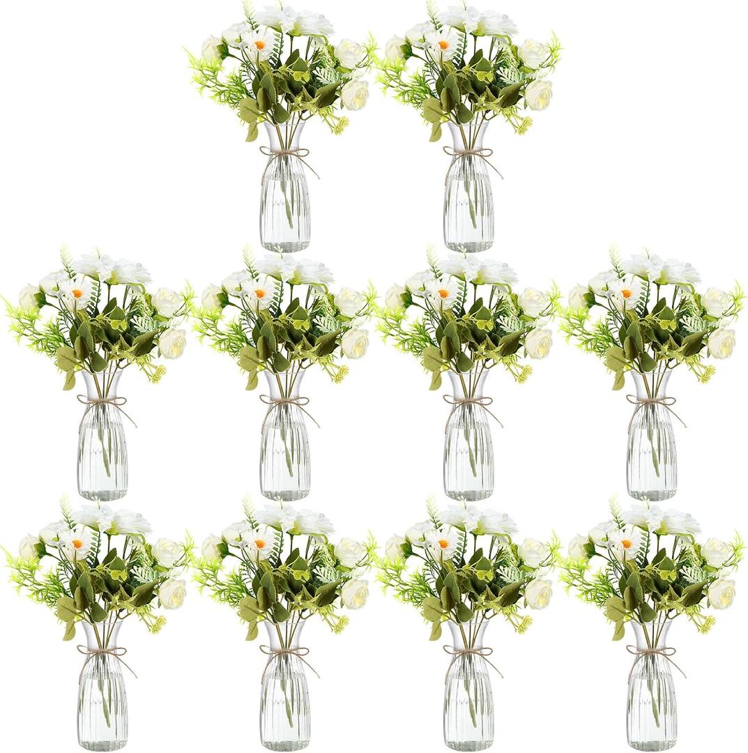 Reallnaive 30 Pack Artificial Flowers Table Centerpieces Decorations with Vase Wedding Mason Jar 20 Bundles Silk Floral Bouquet 10 Clear Vase with 1 Pcs Rope for Party Decor(Dahlia,White)