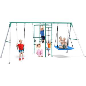 Hapfan Swing Sets for Backyard with Monkey Bars, Belt Swing, Platform Swing, Climbing Net, Trapeze Bar, Outdoor Playset for Kids