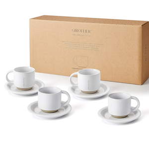 Oak Espresso Cups Set of 4, 3 oz Demitasse Cups, Modern Style, Microwave & Dishwasher Safe (Snow
