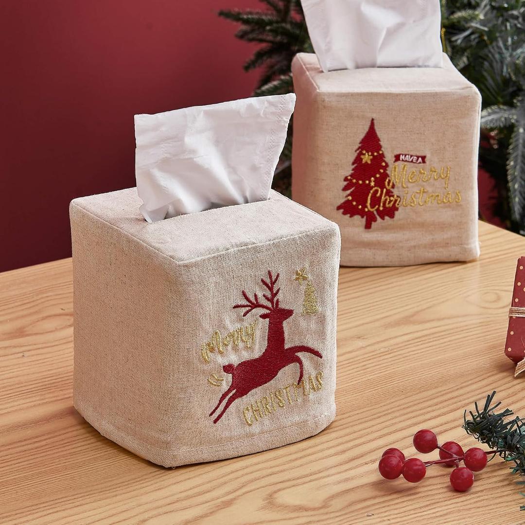 Christmas Linen Tissue Box Cover - Square Embroidered Gifts Boho Cube Holder for Bathroom Rectangle Cover Set Merry Xmas