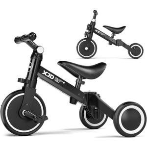 XJD 5 in 1 Toddler Bike, Tricycle for Toddlers 1-3 with Adjustable Seat Height, Removable Pedals, Ideal Balance Bike Birthday Gifts and Toys for Boys and Girls (Black)