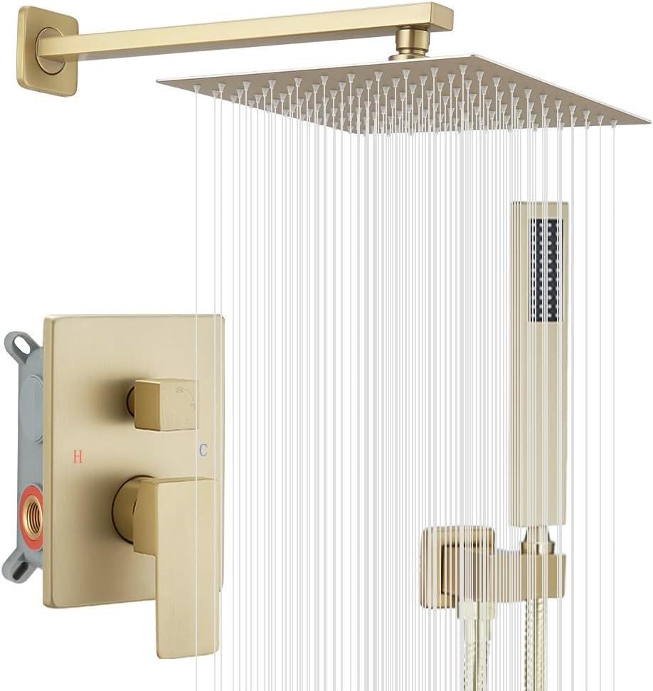 Brushed Gold Shower System 10 Inch Bathroom Luxury Rain Mixer Shower Combo Set Wall Mounted Rainfall Shower Head and Handheld System Shower Faucet Rough-in Valve Body and Trim Kit