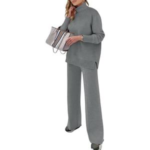 ANRABESS Womens 2 Piece Outfits Turtleneck Matching Lounge Set Sweater Top Wide Leg Pants Fall Cozy Knit Sweatsuit Loungewear, Gray, Size M