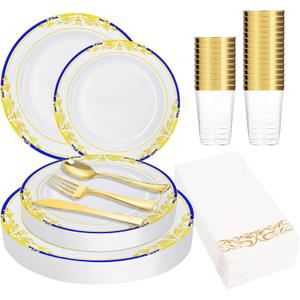 175PCS Disposable Dinnerware Plates and Cutlery Set for 25 Guests-Gold Heavy Duty Disposable Plates,Includes 10.5''Dinner Plates and 7.5''Dessert Plate,9ozCups and Cutlery for Catering Events.