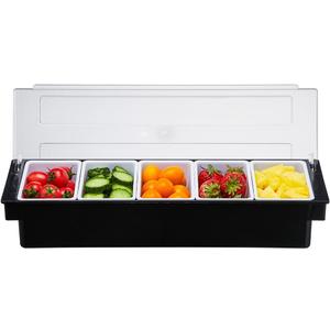Ice Cooled Condiment Serving Container-5 Compartment Chilled Garnish Tray Bar Caddy with Hinged Lid (5 Compartments)