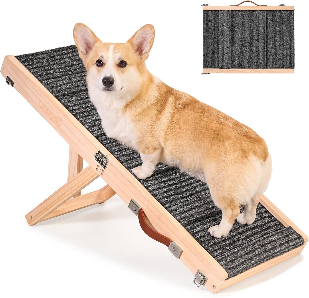 Foldable Dog Ramp for Bed & Couch, Portable Dog Stairs for Small Dogs with 4 Adjustable Heights from 9.25'' to 17.72", Wooden Pet Ramp Steps with Non-Slip Pad for Sofa