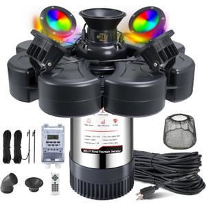 RELIY Pond Fountain Aerator, With 4 RGB Lights 1HP 110V 15000 GPH Stainless Steel Fountain Pump, Fully Automatic Powerful Lake Floating Fountain, 100 FT Power Cord, Programmable Timer Switch
