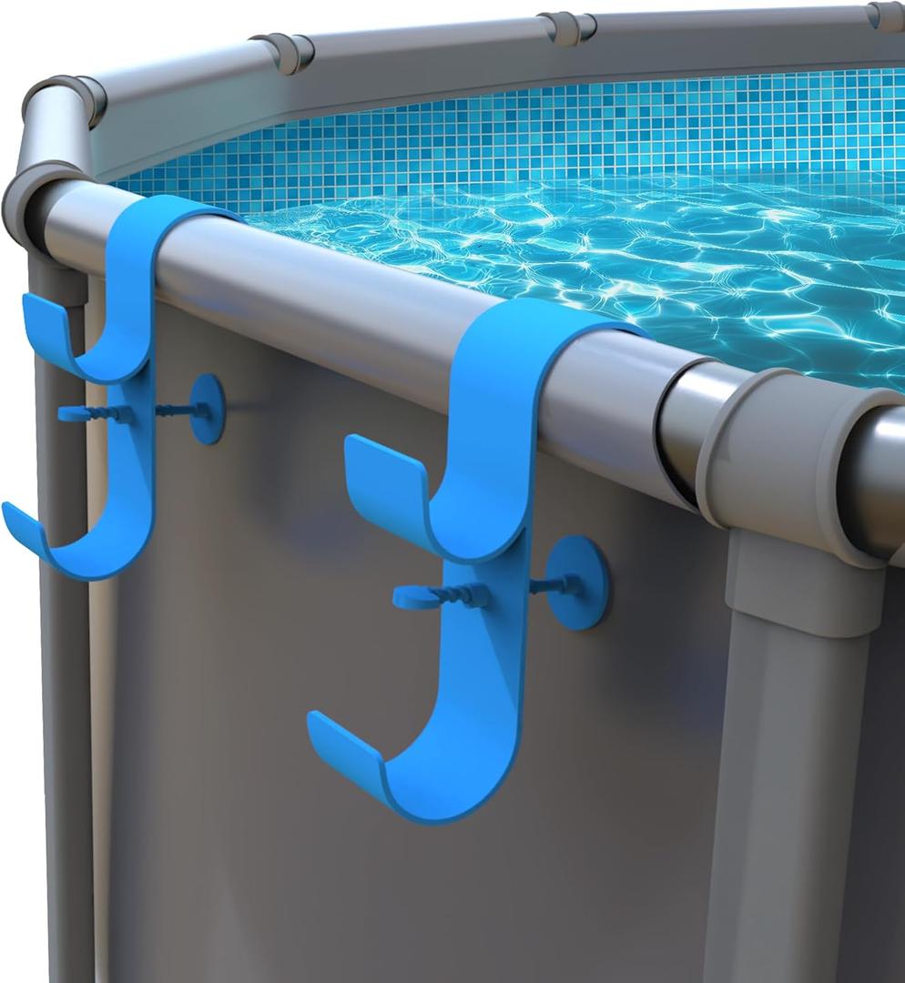 Poolside Pool Leaf Skimmer Net Holder, Above Ground Pool Pole Hanger, Above Ground Pool Accessories,Adjustable Telescopic Pool Pole Hooks,Pool Brush Hanger Tool Pool Equipment [Patented] (Blue-2Pack)