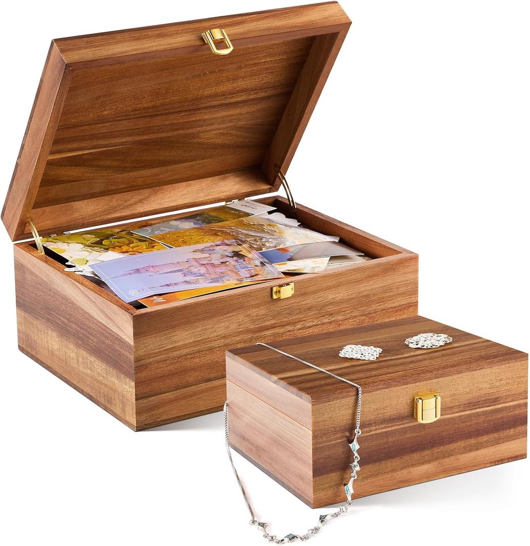 Vicenpal 2 Wooden Keepsake Boxes with Hinged Lid, Acacia Wood Memory Box, S & L, 11 x 8.7 x 5 & 6.9 x 5.2 x 3.5, Decorative Chest Storage for Crafts Photo Card Jewelry, Wedding Ideal Gift for Bridal