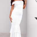 GOBLES Women's Sexy Off The Shoulder Slim Fitting Ruffle Buttom Ruched Bodycon Midi Party Dress (White, M)