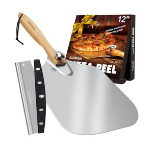 Pizza Peel Aluminum Pizza Spatula, Mooues 12 inch Metal Pizza Paddle(12"x 14")with Rocker Cutter Foldable Wood Handle, [Storage bag included], for Family Pizza Oven Baking Pizza, Dough, Bread & Pastry