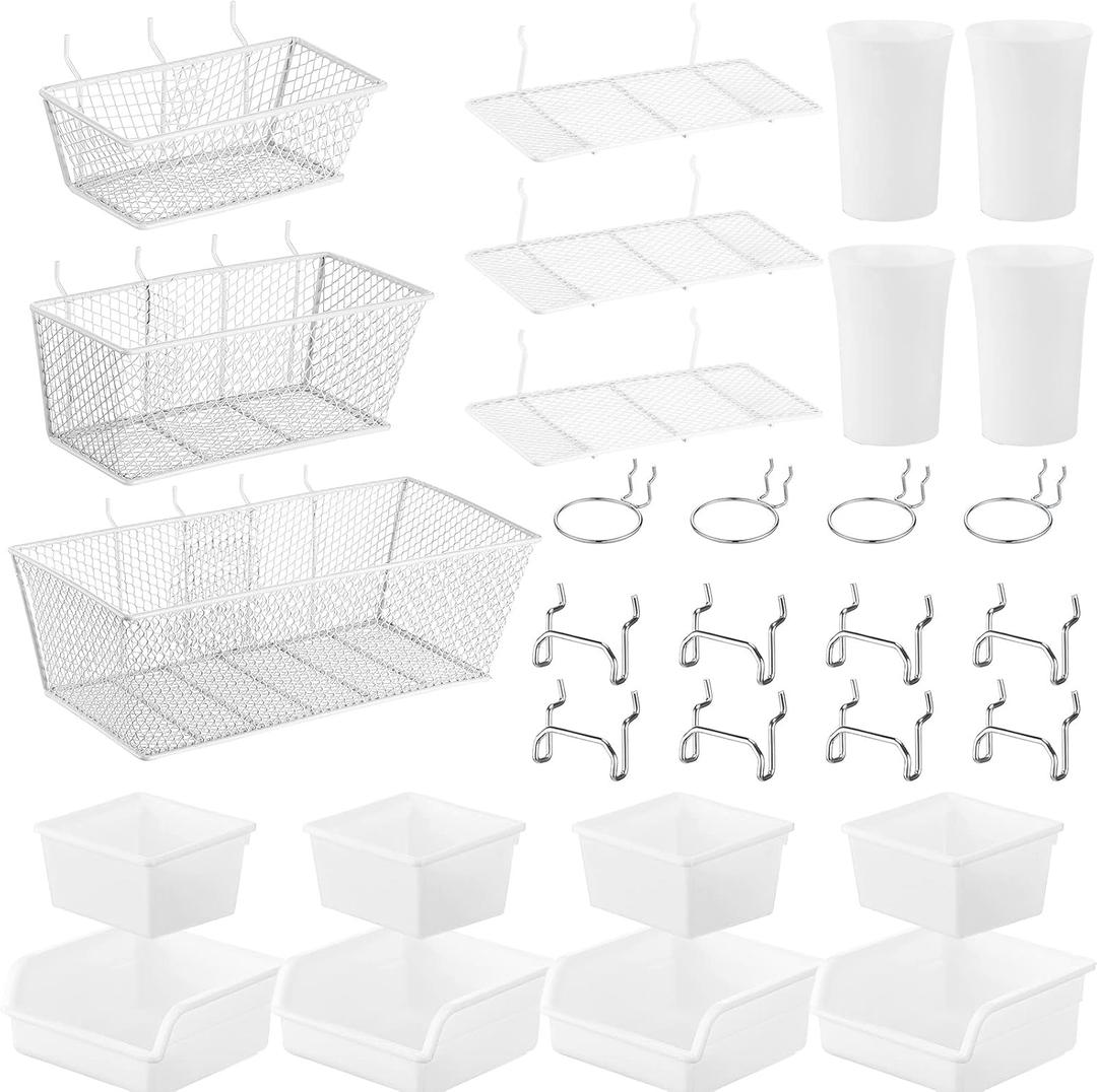 Sieral 30 Pcs Pegboard Organizer Accessories Kit Includes Peg Board Shelving Storage Basket Organizer Bins Hooks Loops Cup with Cup Holder for Garage Room Wall Attachments Tools(White, Silver)