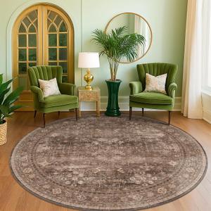 Taupe Boho 8ft Circle Brown Living Room Rug, Modern Traditional Oriental Neutral Area Rug for Dining Room, Bedroom Under Bed, Non Slip Southwestern Home Dcor, Stain Resistant