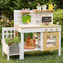 Frogprin Outdoor Mud Kitchen for Kids, Wooden Play Kitchen with Plant Growing Box & Trellis, Real Faucet Sink, Gardening Tools &, Cooking Accessories, Ideal for Toddlers Ages 3+, 31.9x13.8x35.8 inches