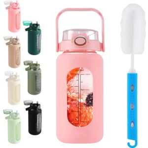 SIEROZUR 64oz Glass Water Bottle with Straw and Handle Lid Half Gallon Motivational Glass Bottle with Silicone Sleeve and Time Marker Large Reusable Sports Water Jug for Gym Home Workout (42 Ounces, Pink)
