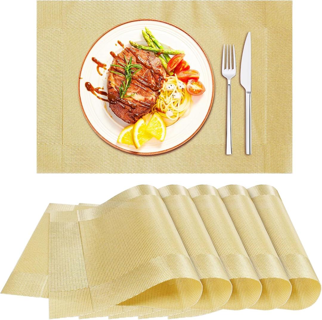 Uenhoy Golden Placemats Set of 6 Heat Resistant Place Mats for Dining Table, Washable Non-Slip Vinyl Plastic Table Mats