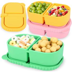 3 x 3 Pack 8.5 oz Silicone Reusable Snack Containers with Lids, Portable Sauce and Salad Small Containers 2 Compartments, Leak-proof Snack Boxes for Travel, Picnics, School