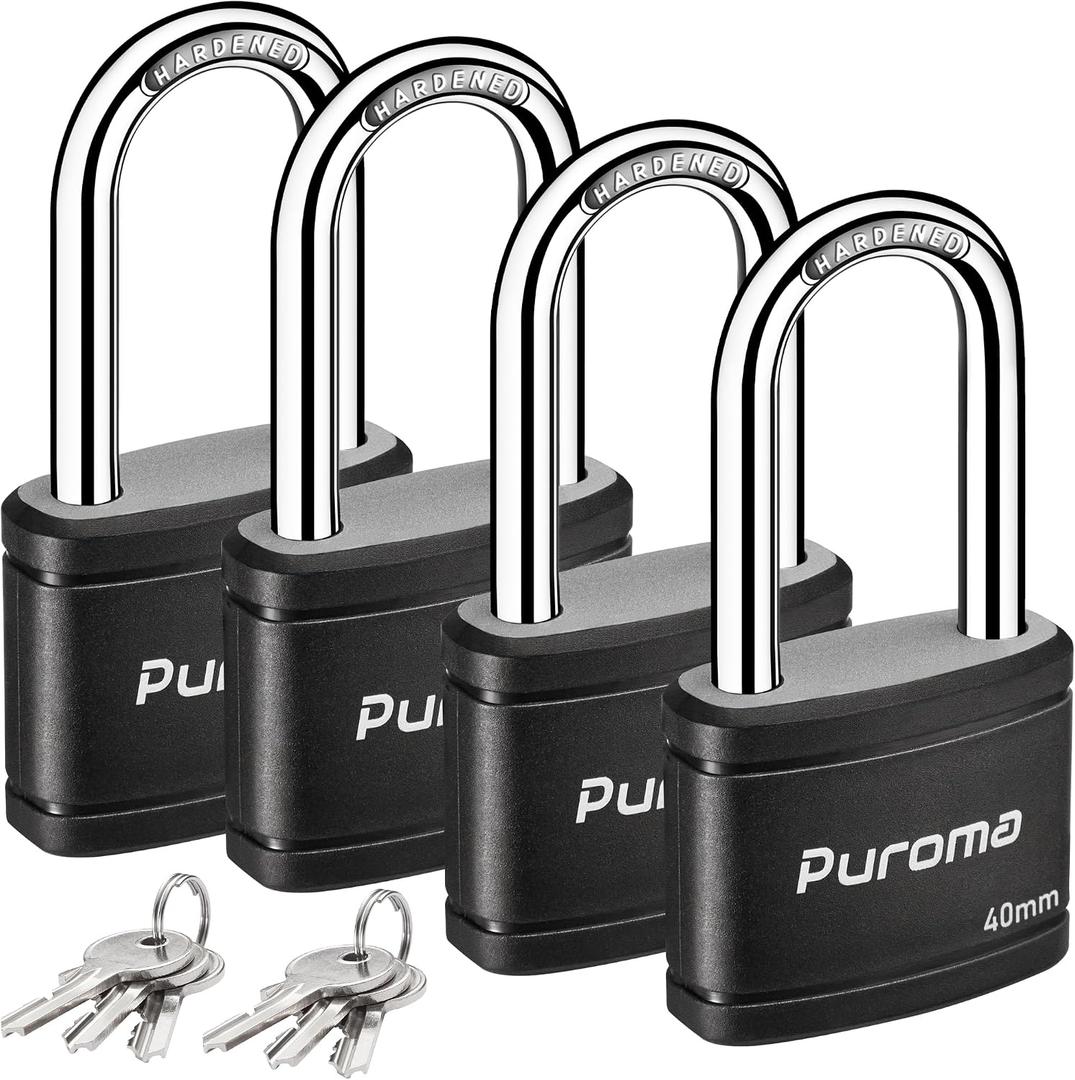 Puroma 4 Pack Keyed Padlock with 6 Keys Alike, 1.8 Inch Locker Lock 40mm Heavy-Duty Locks for Gate Fence Hasp Cabinet Toolbox School Gym Locker (Black)