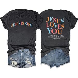 Christian Shirts for Women Jesus Loves You Faith Shirt Religious Graphic Tees Bible Verse Inspirational Tee (XX-Large, Dark Gray)