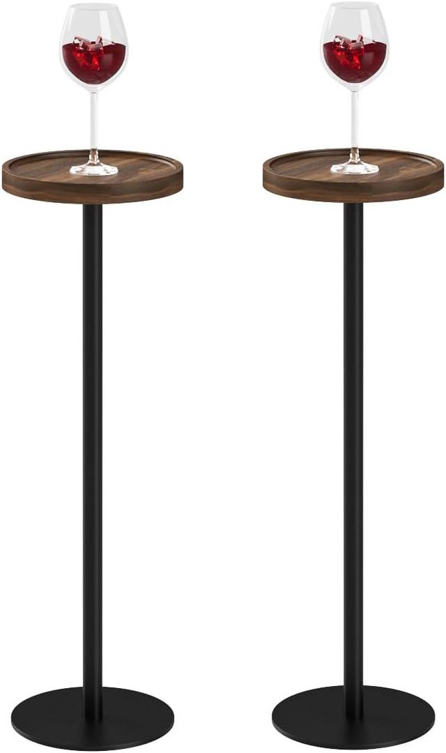 Drink Table, Small Pedestal Side Table, Round Cocktail Table, Circle Accent End Table with Metal Base, for Small Spaces (2, Brown Walnut)