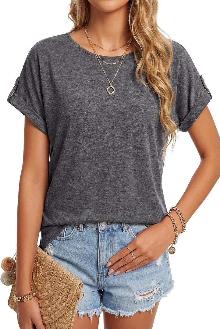 KIFOVEN Womens Summer Tops Short Sleeve Tunic T-Shirt Dressy Casual Blouse Side Split Round Neck Tee Shirts (Gray)