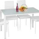 FDW | 5-Piece Dining Table Set | White | Glass Kitchen Table with 4 Upholstered Chairs and Faux Leather Cushions | Space-Saving and Modern Design | for Dining Room, Easy to Assemble