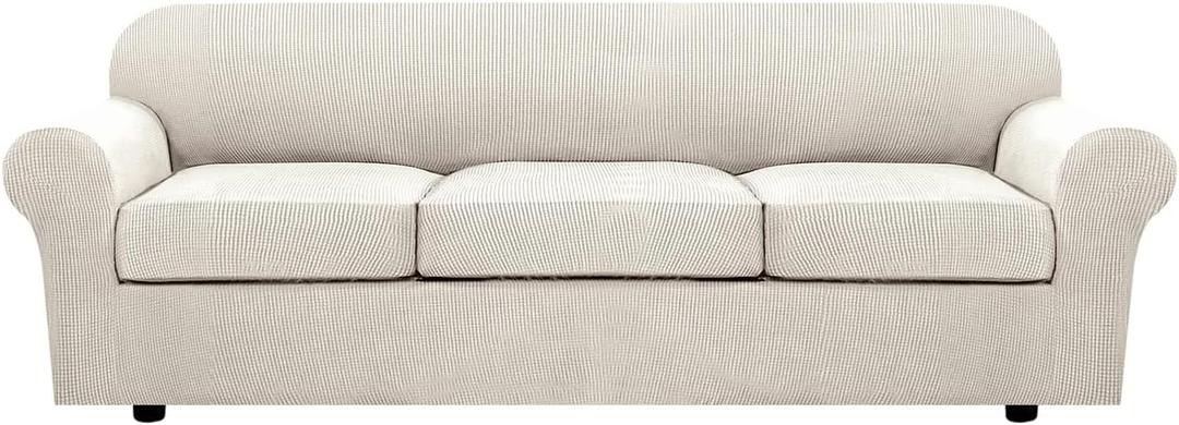 H.VERSAILTEX 4 Piece Stretch Sofa Covers for 3 Cushion Couch Covers for Living Room Furniture Slipcovers (Base Cover Plus 3 Seat Cushion Covers) Thicker Jacquard Fabric (Large Sofa, Ivory)