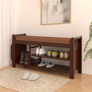 NURTUDIS Shoe Rack Bench,Bamboo Shoe Storage Stool with Removable Cushion, 2-Tier Entryway Shoe Storage Organizer Shelf with Side Drawer and Book/Umbrella Basket for Living Room, Bedroom(Large)