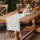 Embroidered Table Runner Boho Farmhouse Dresser Scarf Macrame Rustic Lace Doily with Tassel for Kitchen Indoor Outdoor Fireplace (Gray, 14 x 75 Inches)
