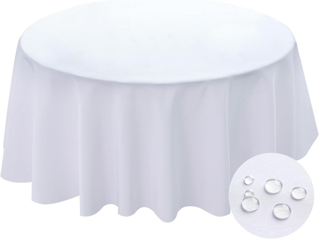 BYDOLL Table Cloth Round 48 Inch Tablecloth Fits Max38 Inch Diameter Top,White Washable Outdoor Winkle and Stain Resistant Spillproof Polyester Tablecloths for Round Tables Party Cover (48''-Fits Max 38'' Table Top)