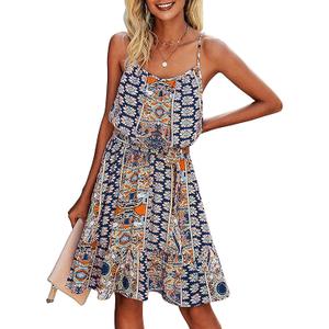 PRETTYGARDEN Women's Summer Mini Sundress Casual Spaghetti Strap Dresses Floral Sleeveless Ruffle Short Dress with Belt (Bright Blue, S)
