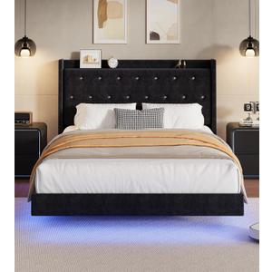 IDEALHOUSE Full Size Bed Frame with LED Lights, Floating Platform Bed with Velvet Upholstered Storage Headboard, No Box Spring Needed, Noise Free, Easy Assembly (Black)