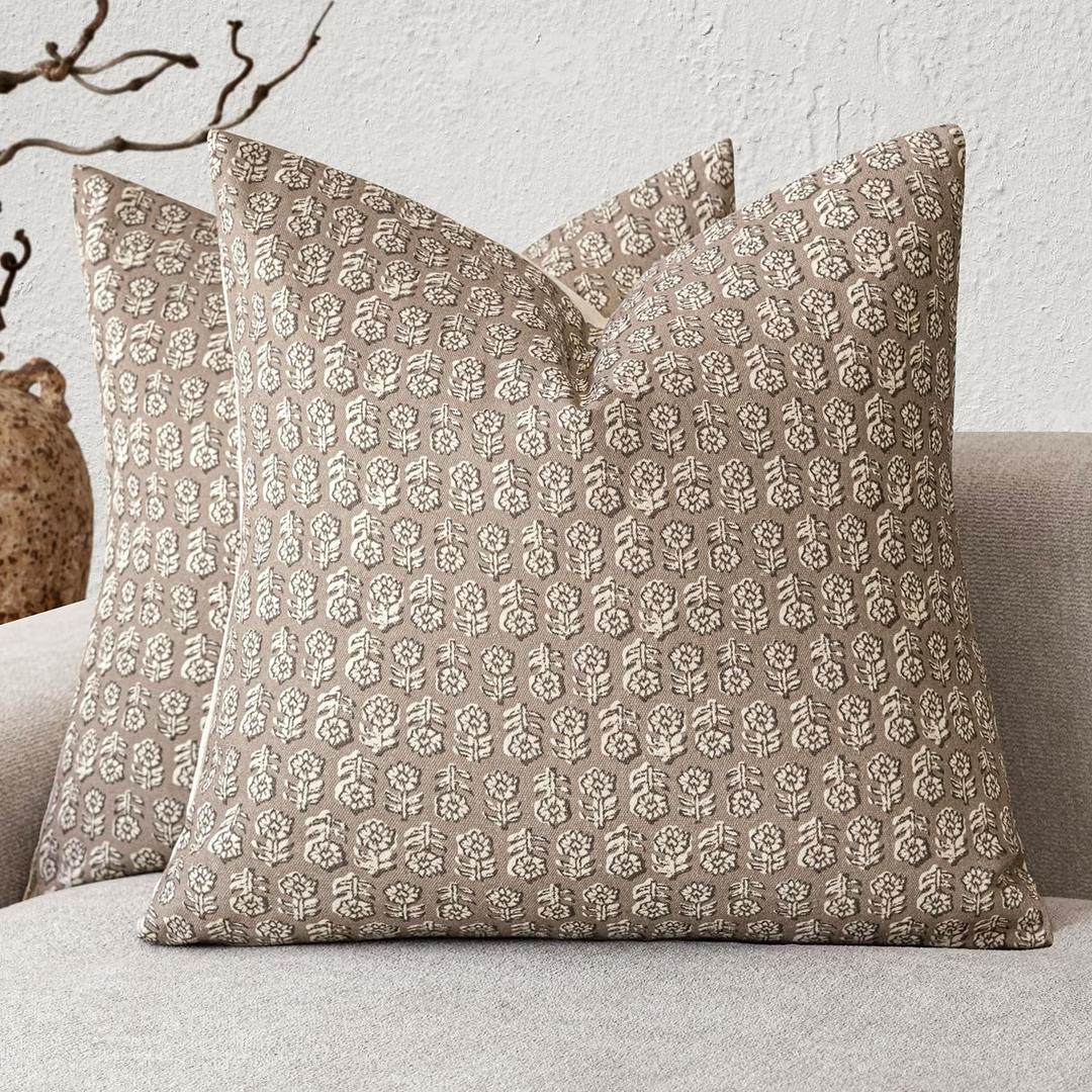 Foindtower Set of 2 Decorative Vintage Floral Print Throw Pillow Covers Neutral Modern Farmhouse Cushion Covers Boho Home Decor for Sofa Chair Couch Bedroom Living Room,1818 Inch,Tan Taupe