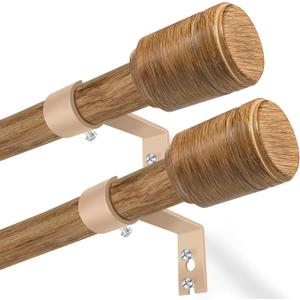 5/8 Diameter Curtain Rods 30-120 Inch, for 30-114 Inch Windows, Adjustable Splicing Wood Grain Curtain Rods for Windows with Brackets, Window Rod Long Small Curtains Rod, 2 Pack