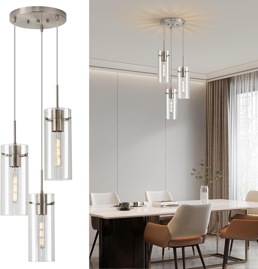 Modern Cluster Pendant Lights, Brushed Nickel Cluster Chandelier with Clear Ribbed Glass, 3 Light Pendant Lighting for Kitchen Island, Staircase, Dining Room, Living Room