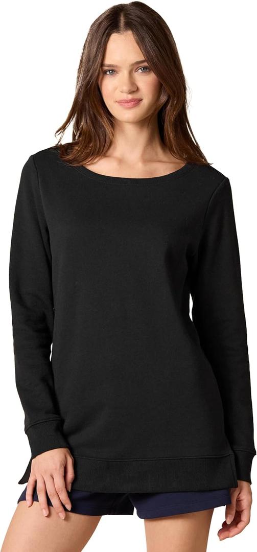 Amazon Essentials womens Open-Neck Loose-Fit Fleece Tunic Sweatshirt (X-Small, Black)