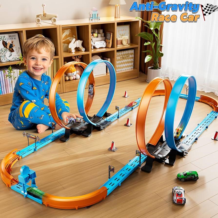 Toy Car Race Track Set for Boys Kids Age 3-5 4-7, Race Tracks with 4 Crash Zones and 1:64 Scale High-Speed Slot Cars, Christmas Halloween Birthday Gifts Toys for Toddlers Boys 4-8 8-12 Years