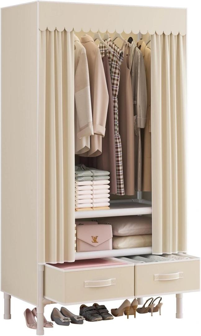 Portable Closets for Hanging Clothes,Clothes Rack with Cover,Portable Wardrobe Closet with 1 Hanging Rods, 2 Storage Shelves and 2 Drawers,27.5" L x 17.7" W x 67.7" H,Pale Yellow