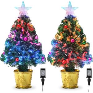ShinyRelief 2 Pack 24 Inch Green Fiber Optic Christmas Tree Tabletop Decor Small Artificial Prelit Xmas Tree with Topper Star Ball Ornaments for Christmas Desktop Mantle Table Decoration Supplies