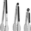 Stainless Steel Cooking Tongs Set of 3 - Heavy Duty 12/9/7 Inch Locking Tongs, Heat Resistant to 600 Degrees, Food Grade Kitchen Metal Tong for Food, Salad, & BBQ - Dishwasher Safe (Silver 3 Pieces)
