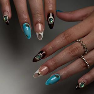 24Pcs Retro Leopard Press on Nails Medium Almond False Nails with 3D Gold Beads Star Design White French Tips Acrylic Nails Fake Nails Blue Brown Gradient Marble Glue on Nails for Women