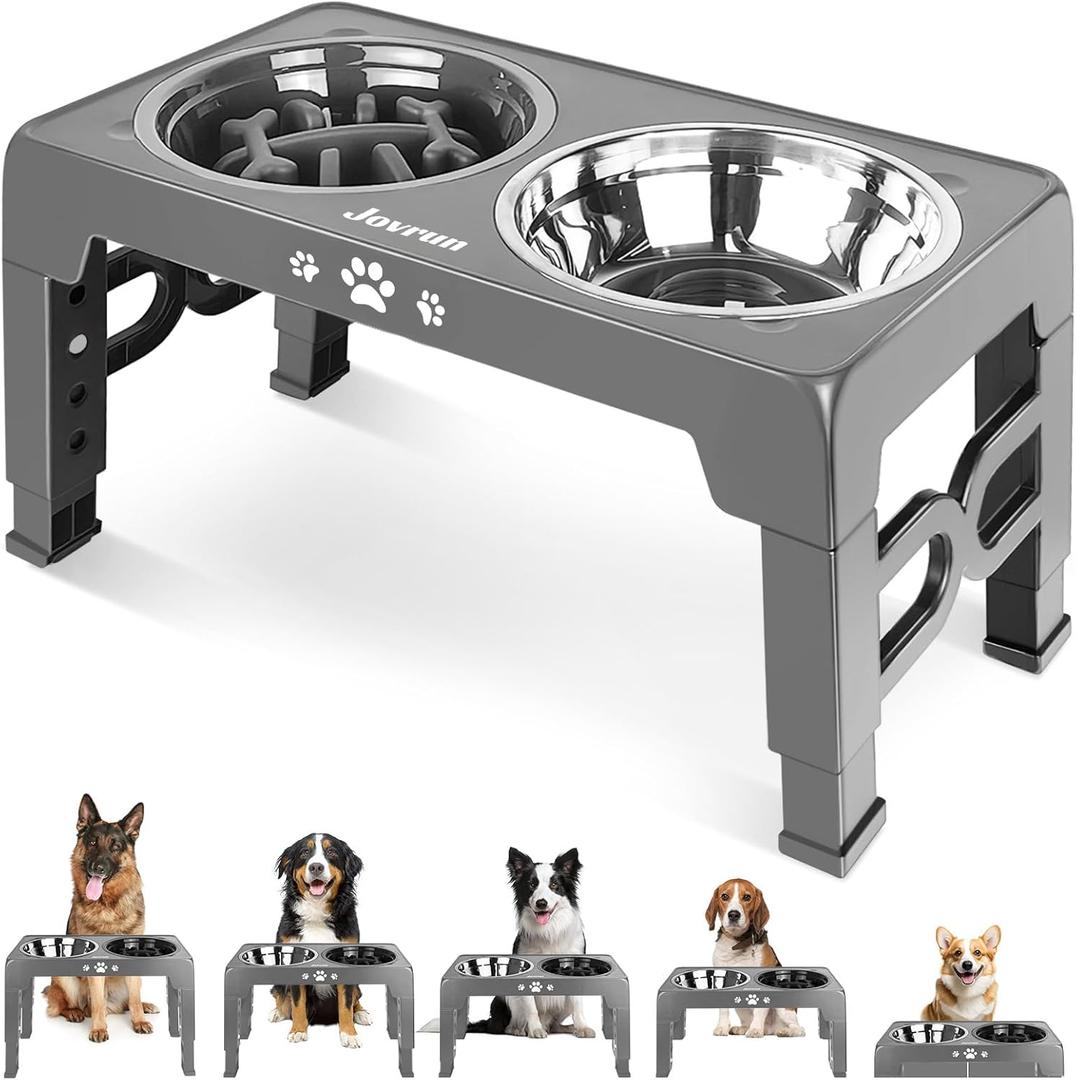 Elevated Dog Bowls, Dog Feeder with 1*Stainless Steel Dishes & 1*Slow Feeder Bowl, 5 Heights Adjustable Raised Stand for Medium Large, Food Dishes with Non-Slip Feet (Grey)