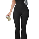 OQQ Women Yoga Jumpsuits Ribbed Crew Neck Sleeveless Bell Bottoms Flare Jumpsuits, Size Small