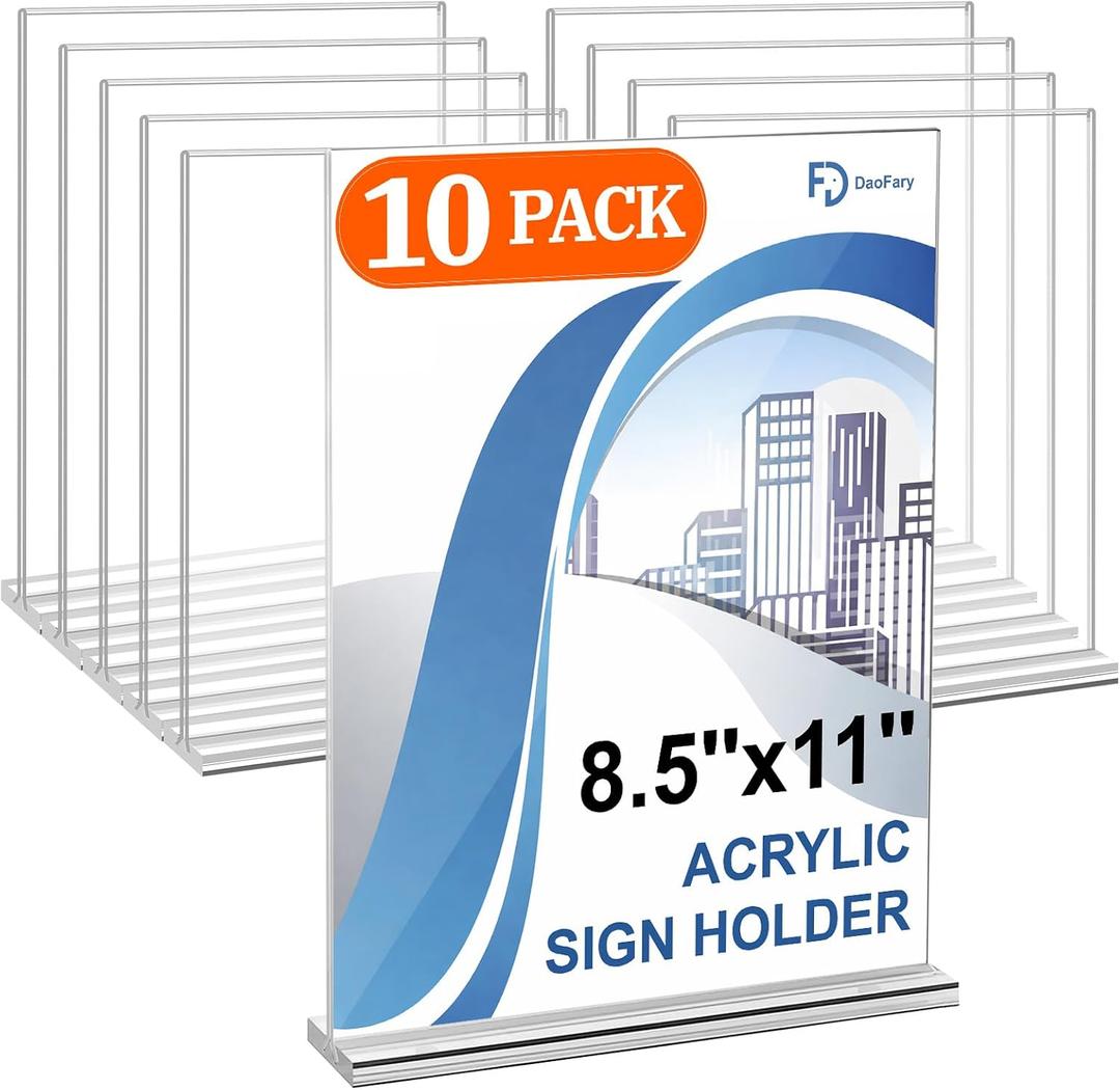 Daofary Acrylic Sign Holder 8.5 x 11 Inches 10 Pack, Double-Sided Stand up Table Top Paper Holder, Store Sign Holders, Plastic Sign Display for Restaurants, Hotels, Office