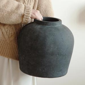 Large Ceramic Vase, 11" Rustic Farmhouse Terracotta Vase for Home Decor, Artisan Decorative Flower Vase for Living Room, Table Centerpiece, Bedroom (Rustic Black)