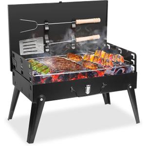 Portable Charcoal Grill, Small BBQ Grill Outdoor Folding Barbecue Grill with Barbecue Accessories & Lid, Foldable Camping Grill for Outdoor Cooking Camp Picnic Hiking Beach Patio Smokers (17" X 10" X 18")